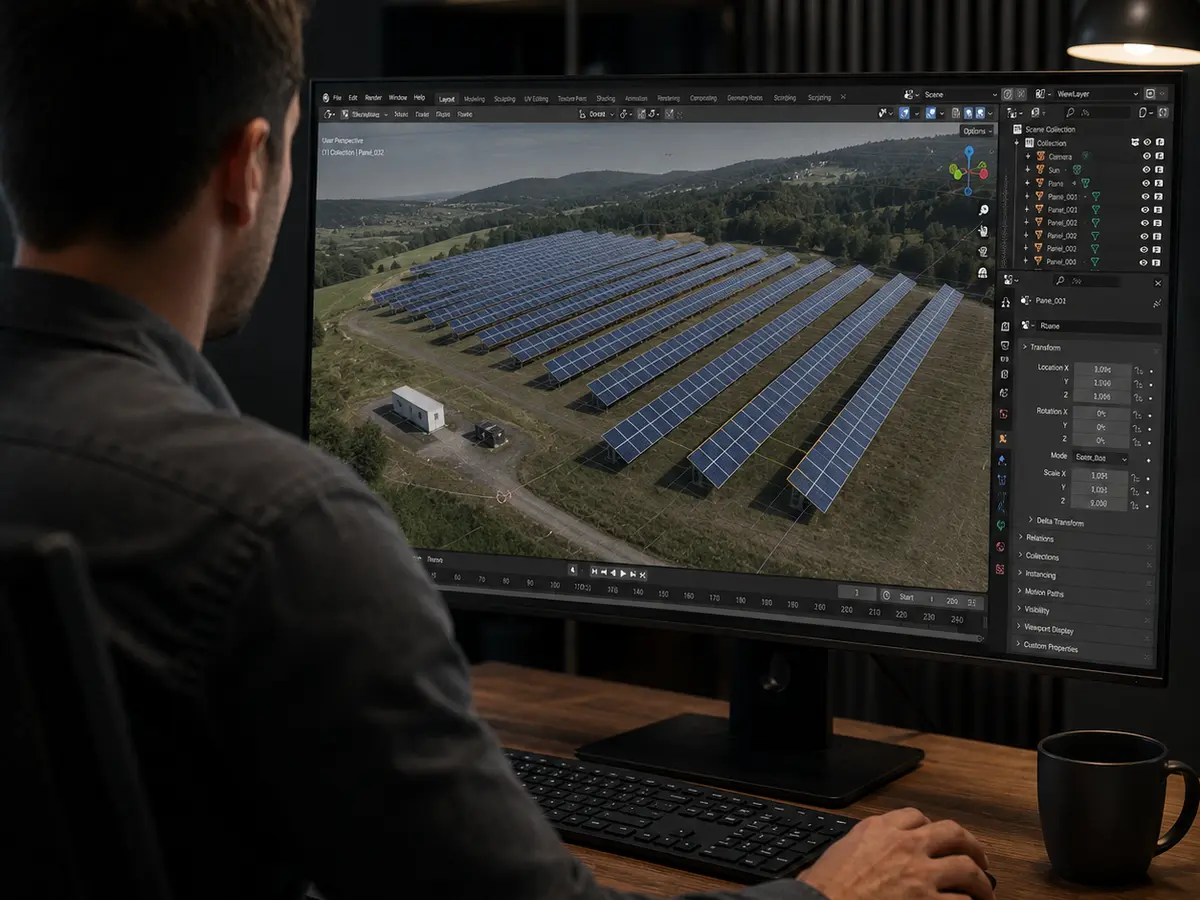 3D model fotovoltickej inštalácie v Blenderi